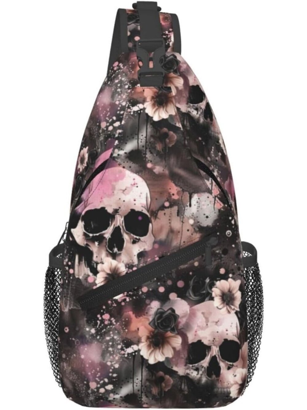 Unisex Flower Skull Halloween Travel Hiking Sling Backpack Casual Crossbody Bag